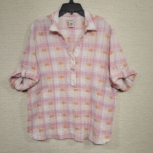 Rebecca Malone Pink Seersucker Top Button Blouse Size 1X Roll Tab Sleeves